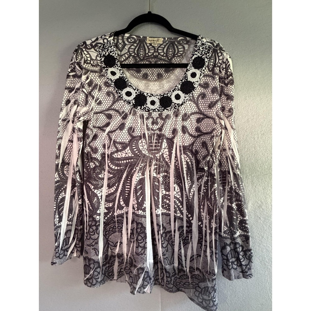 One World Blouse Womens L Black‎ Beaded Fringe Paisley Scoop Neck Tunic Top